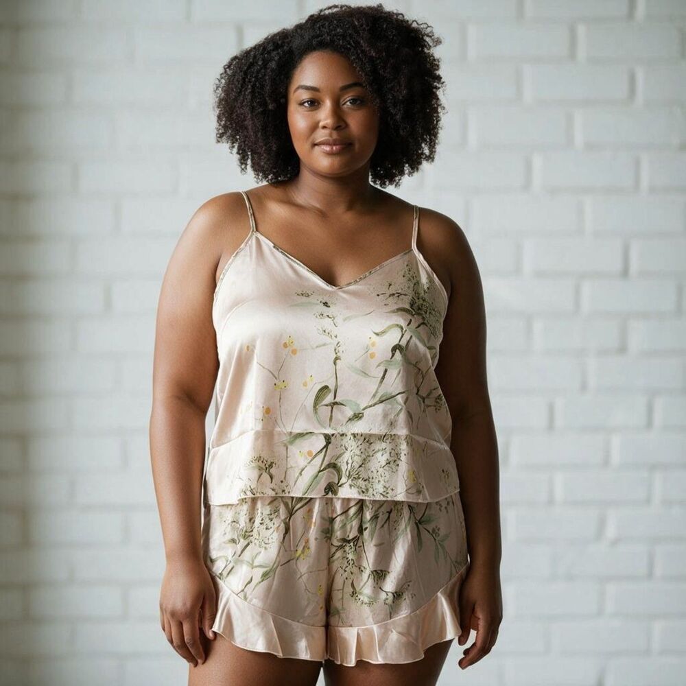Champagne Satin Botanical Floral Cami & Ruffle Shorts Pajama Set 38" Chest